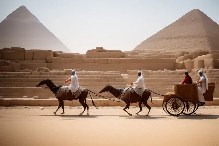 a group of egyptain people riding on the backs of horses