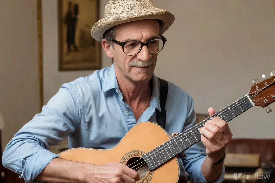 Man with hat and glasses playing guitar on a brightly colored, eclectic street