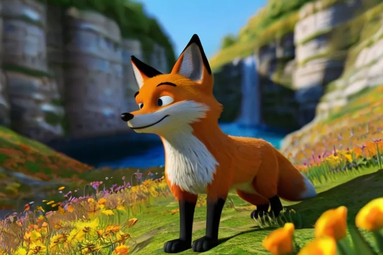 a cartoon fox standing in a field of flowers