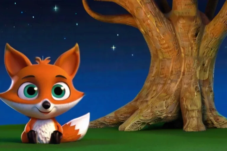 a cartoon fox sitting in front of a tree