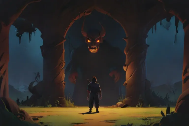 The Wanderer stands before the entrance to the beautiful devils' domain, a lone figure silhouetted against the dim light that spills forth from within, their presence a harbinger of change and renewal.