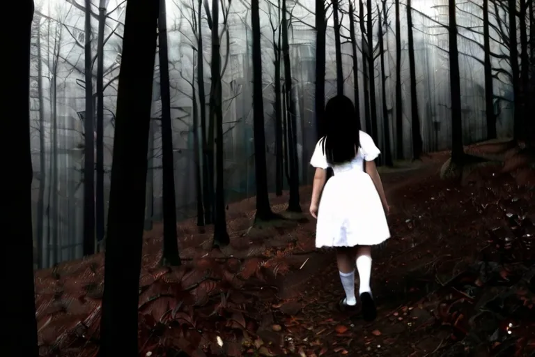 "Running through the twisted path, Sarah's heart pounded as she felt the woods closing in around her."

