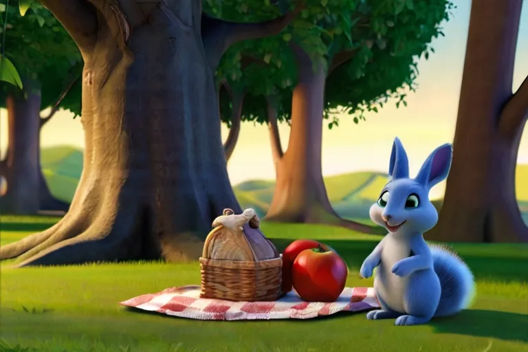 a rabbit sitting on a blanket next to a basket of apples