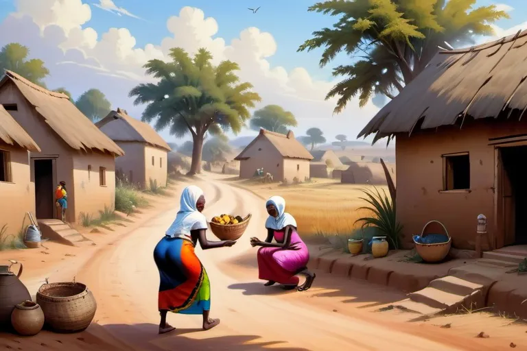 a painting of two women carrying a bowl of food