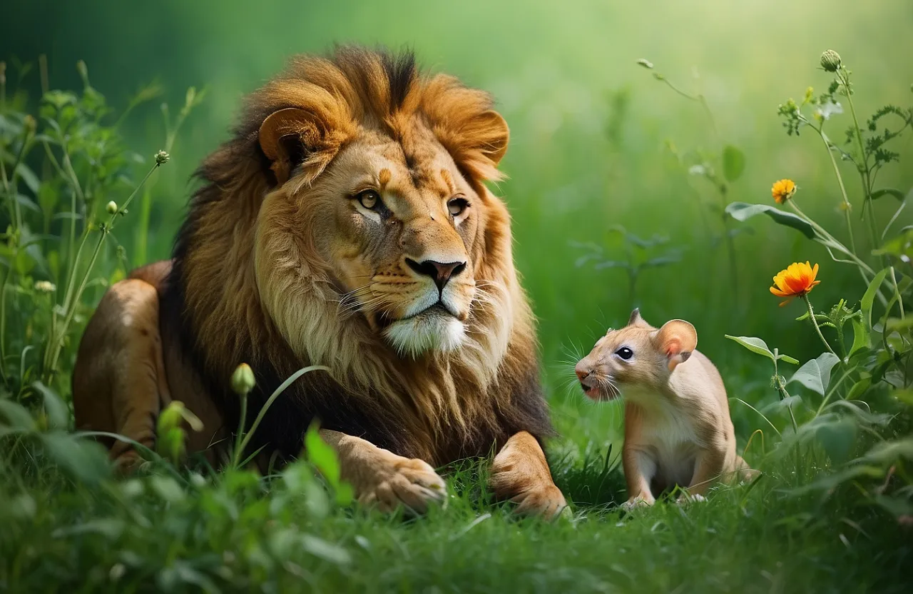 a lion and a mouse sitting in the grass