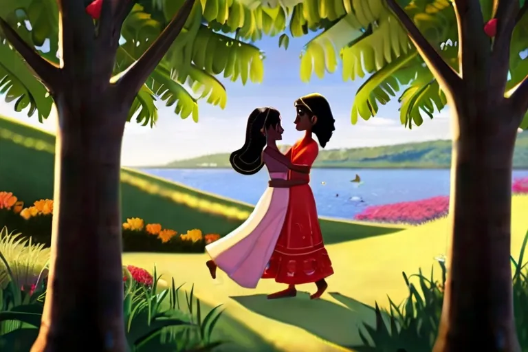 a painting of two women walking through a forest