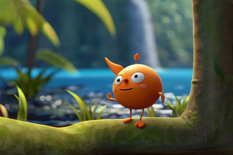 a small orange creature standing on a tree branch