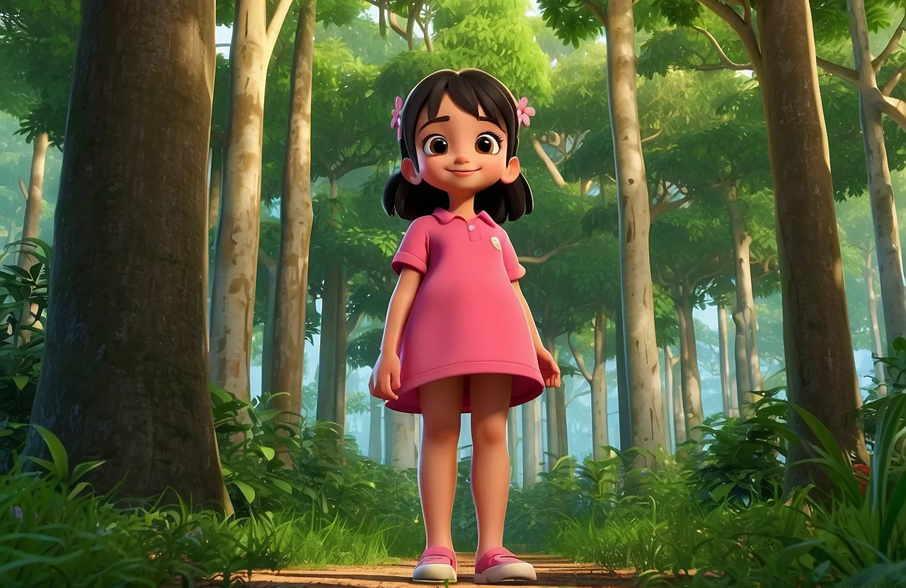 a little girl in a pink dress standing in the middle of a forest