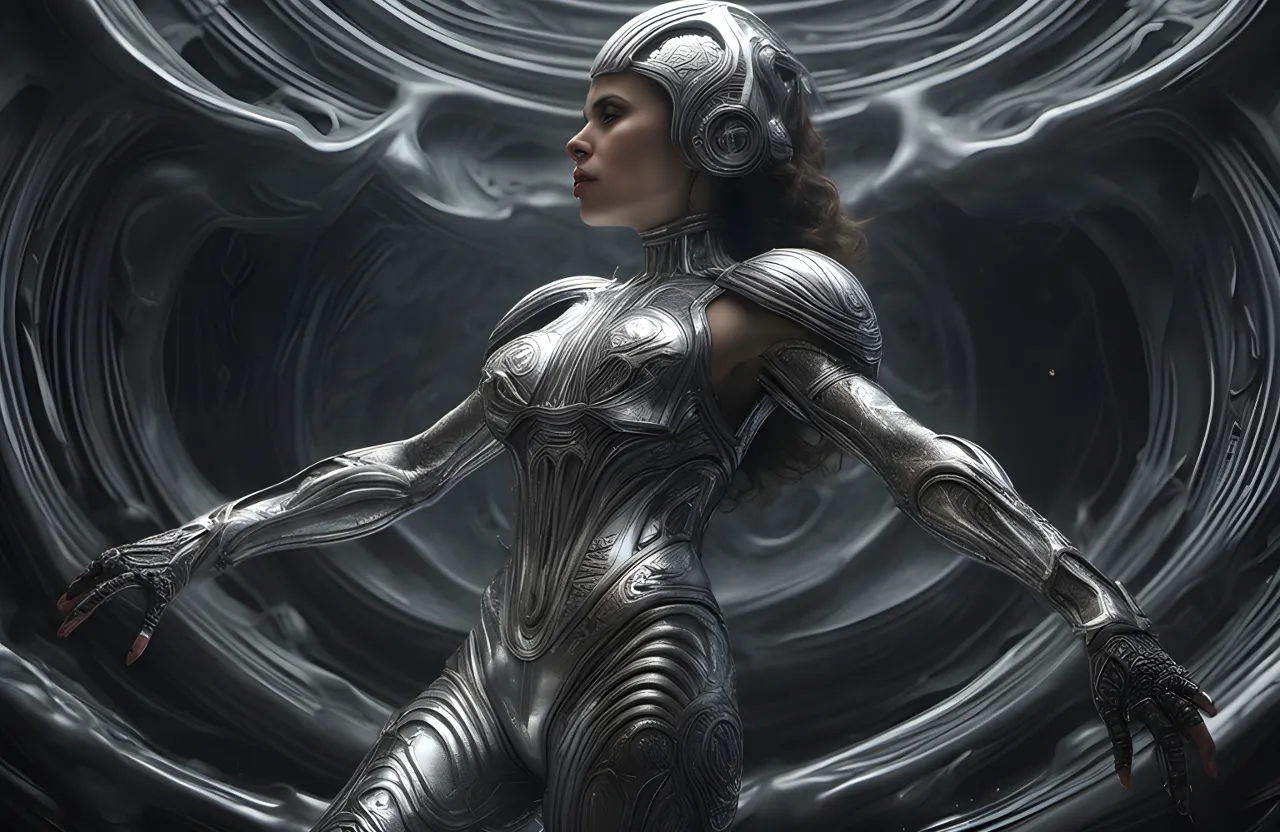 a woman BY GIGER in a futuristic suit with headphones