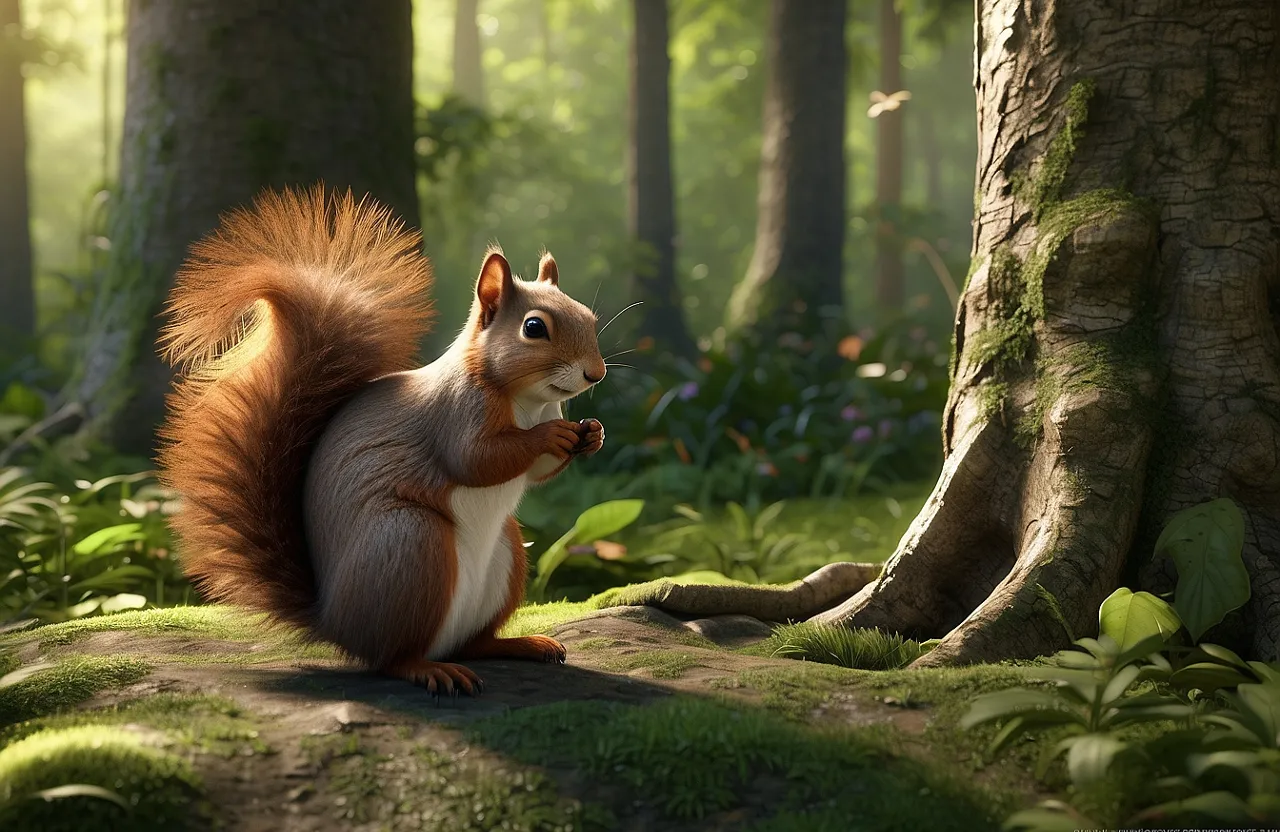 a squirrel is standing in the middle of a forest