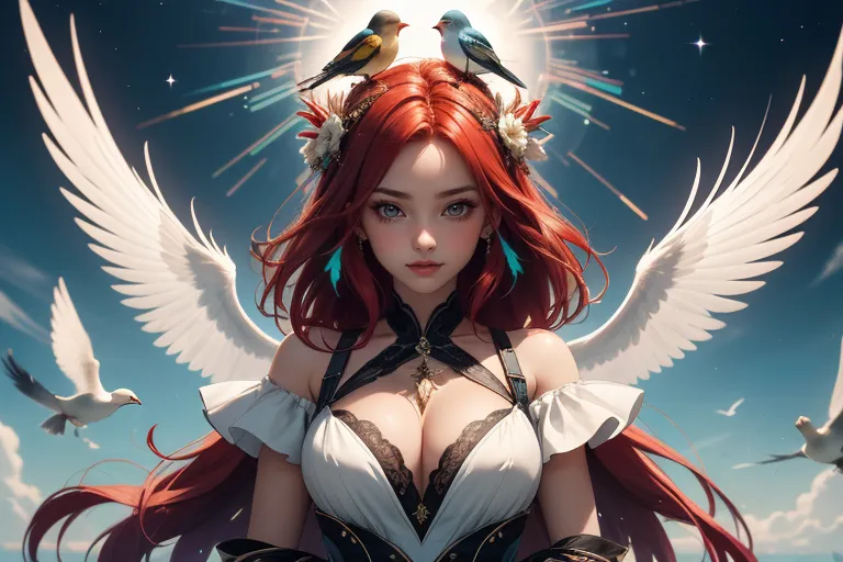 a woman with red hair wearing a corset with birds on her head