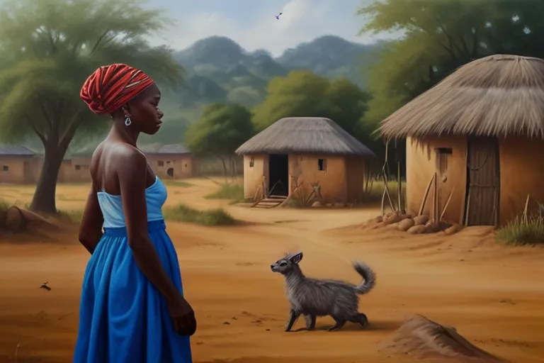 a painting of a woman standing in front of a goat