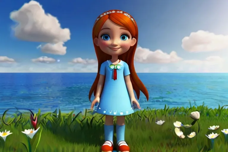 a girl in a blue dress standing in the grass