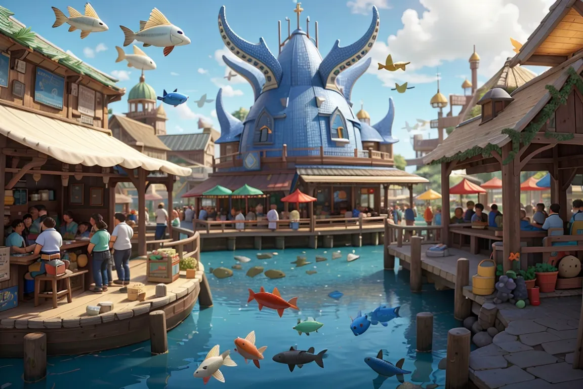 A bustling marketplace where Atlanteans trade goods and engage in lively conversations, surrounded by exotic sea creatures.