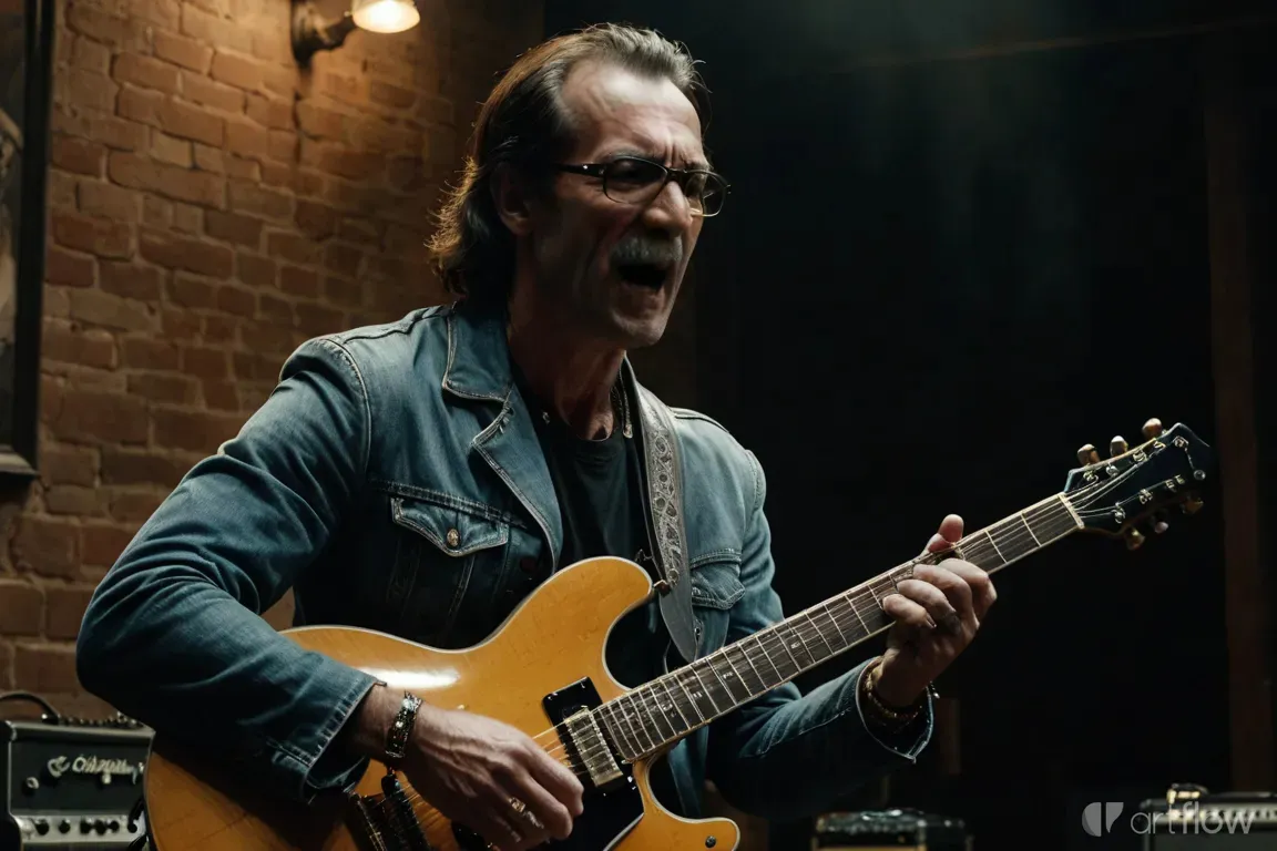 a man with glasses playing a guitar in front of a brick wall