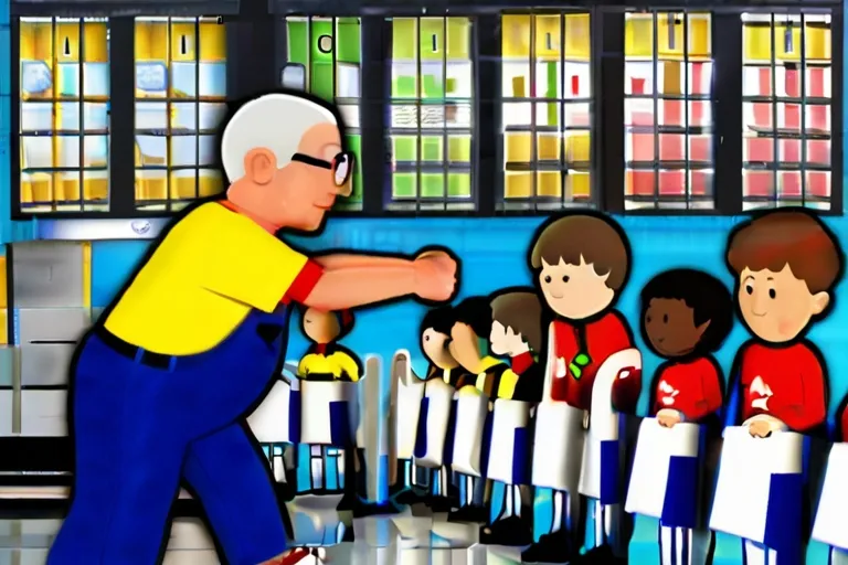 a man in a yellow shirt is pointing at a group of children