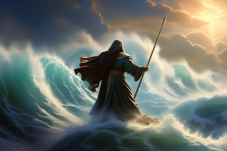 a painting of a man standing on a wave in the ocean