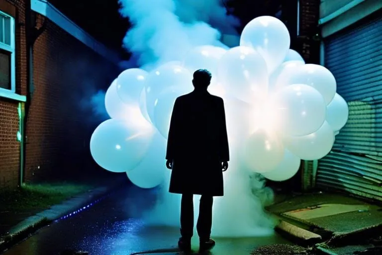 a man standing in front of a bunch of balloons