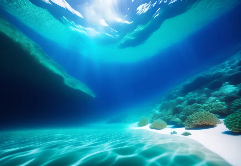 an underwater view of a sandy beach with blue water