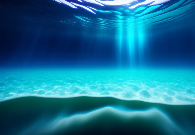 an underwater view of a blue ocean with sunlight coming through the water
