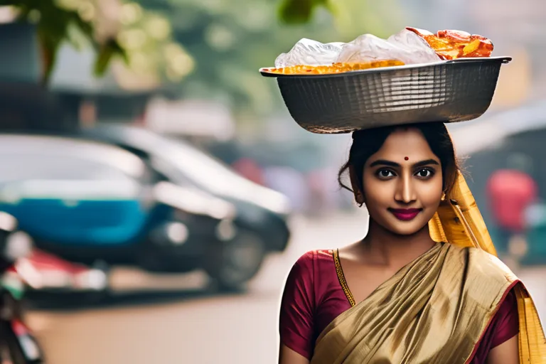 a woman with a basket on her head