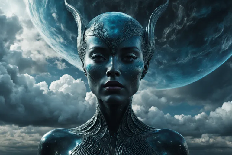 a woman with an alien head and body in front of a cloudy sky