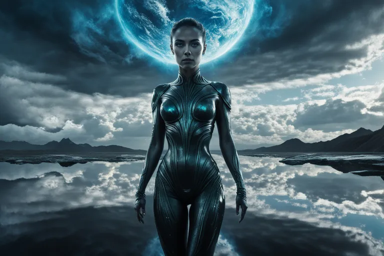 a woman in a body suit standing in front of a body of water