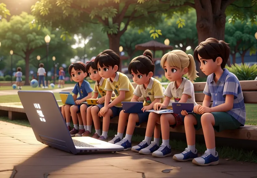 a group of children sitting on a bench with a laptop