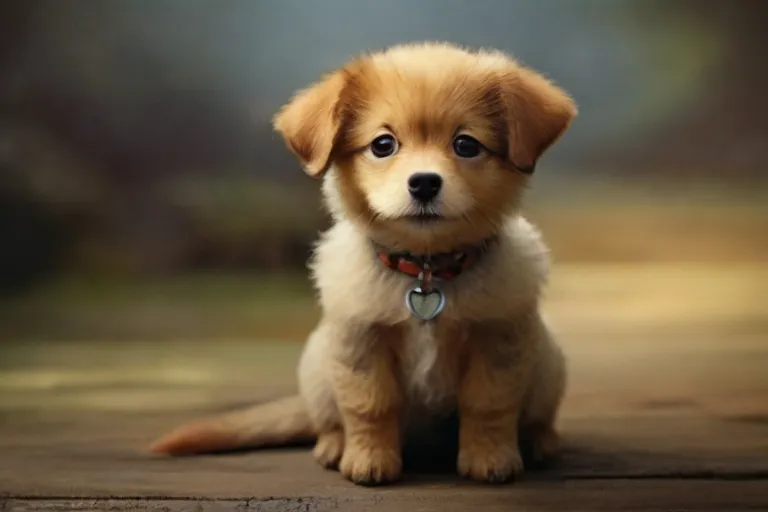 a small brown and white dog sitting on top of a wooden floor