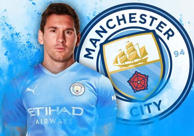 Messi standing in front of a manchester city logo