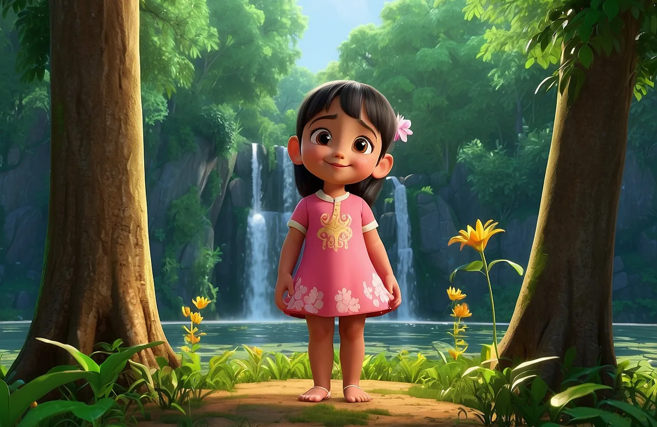 a little girl standing in front of a waterfall