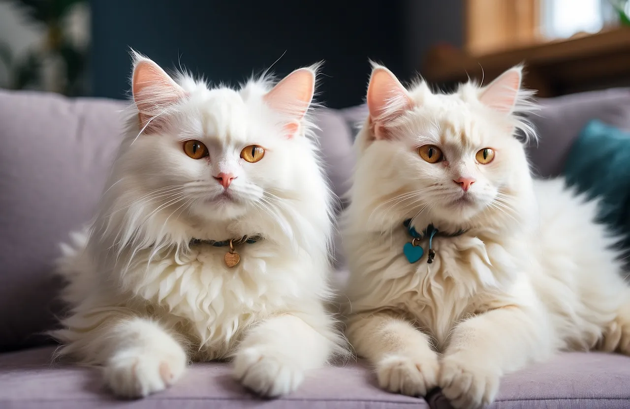 a couple of white cats sitting on top of a couch  The kitten rubs its head against its mother