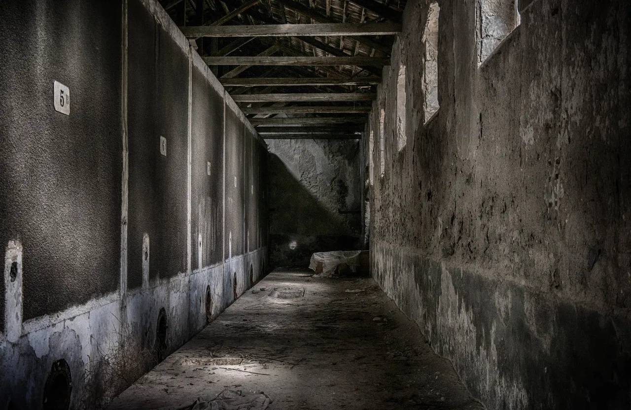 a long dark hallway with peeling paint on the walls