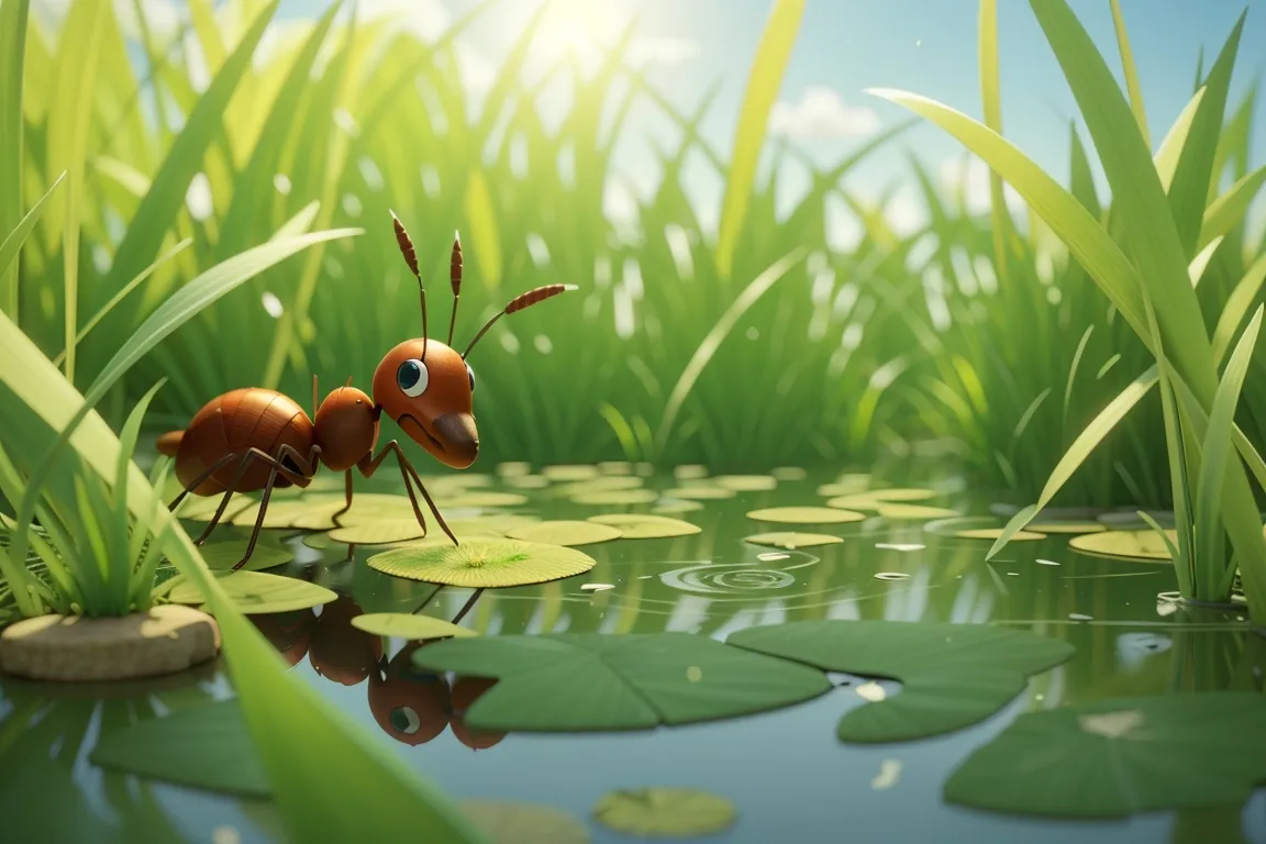 a couple of ants standing on top of a lush green field