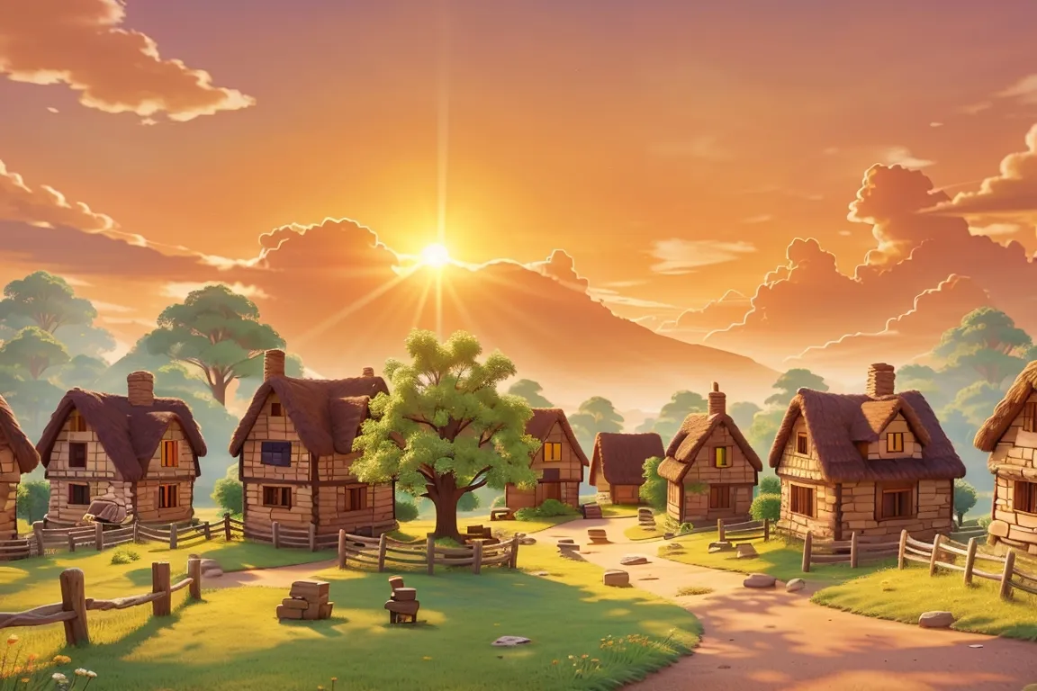 The village basks in the soft glow of a setting sun, painting the landscape in warm hues.
