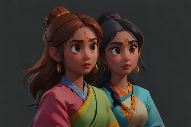 Pratyusha, Sadhika, and Bhargavi watch warily from a distance as the Wanderer approaches, their expressions a mixture of curiosity and apprehension, sensing the impending shift in the balance of power.