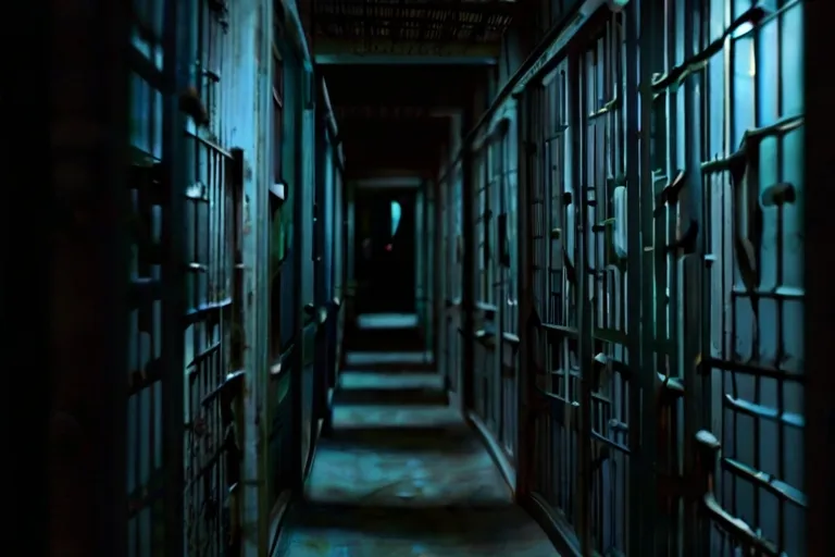 a dark hallway with lots of windows and bars