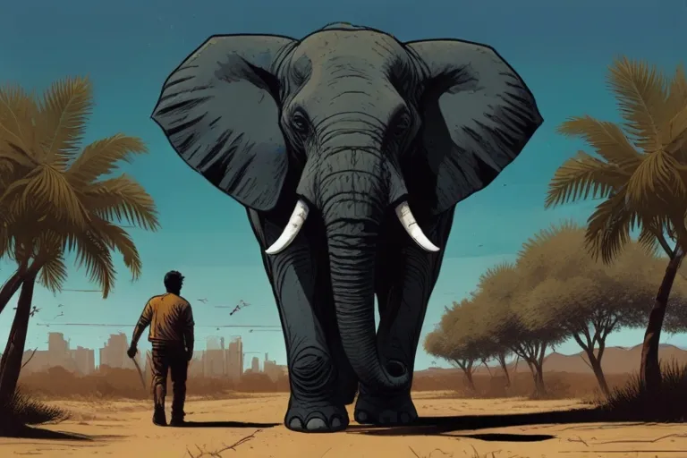 a man walking down a dirt road next to an elephant