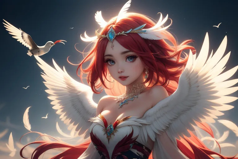 a woman with red hair and white wings