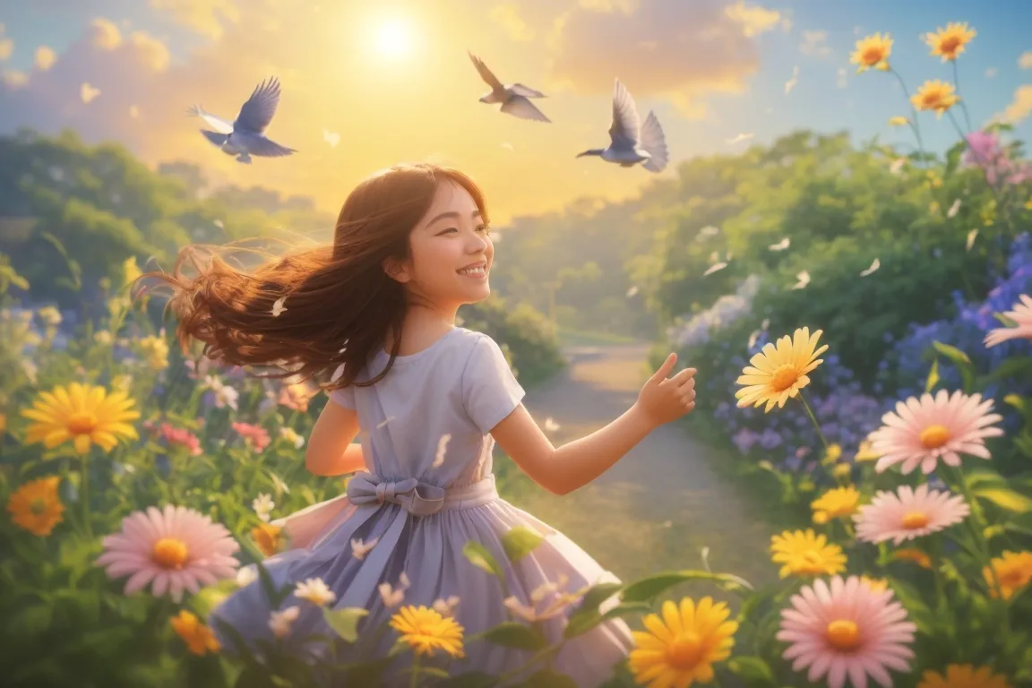 a young girl in a field of flowers with birds flying overhead