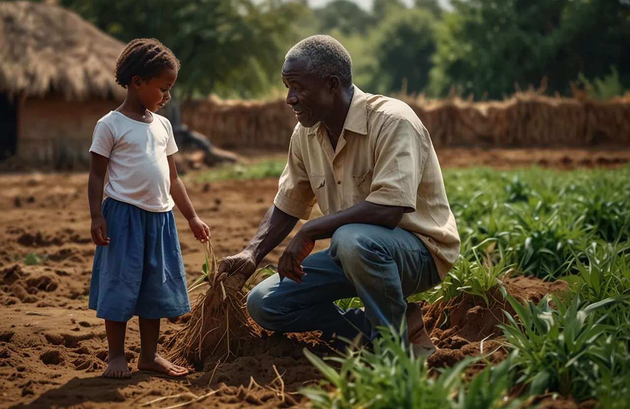 a man kneeling down next to a little girl in a field