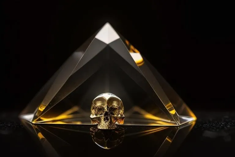 a crystal pyramid with two skulls on it