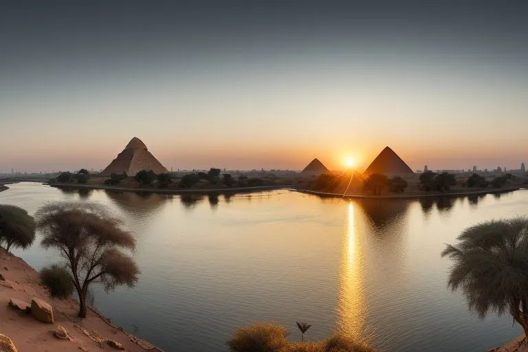 the sun is setting over the pyramids of giza