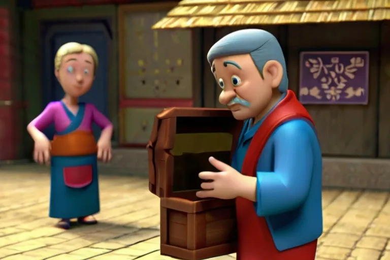 a cartoon character holding a box with another character in the background