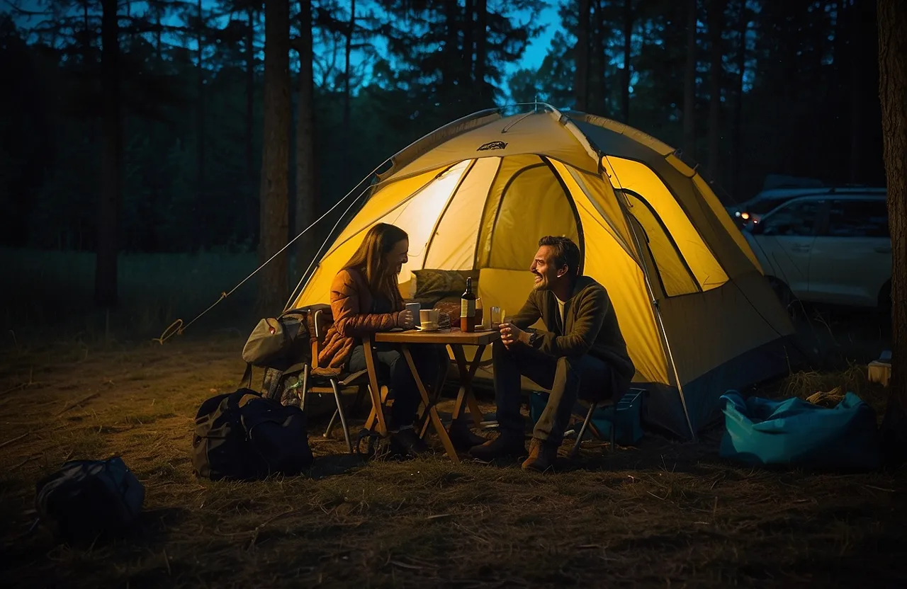 a couple of people sitting in a tent