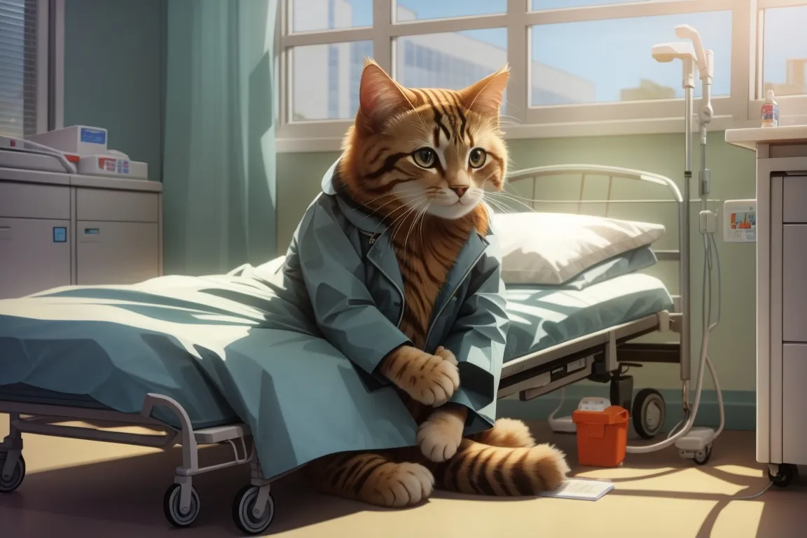 a cat sitting on top of a hospital bed