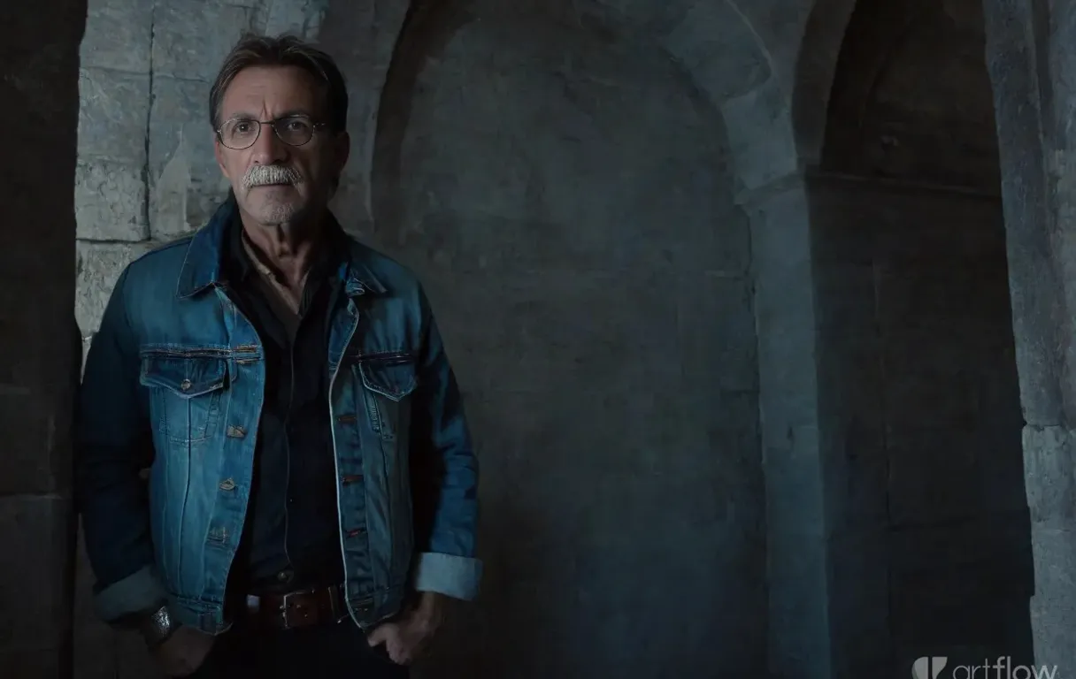 a man in a blue jean jacket standing in a stone tunnel