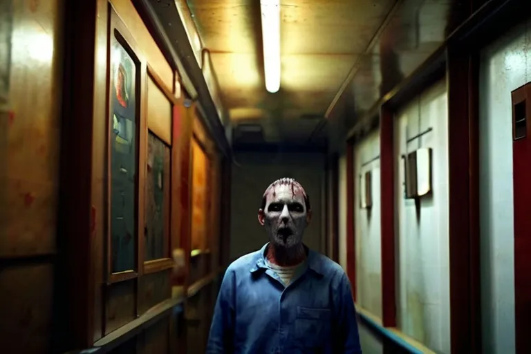 a man with a bloody face standing in a hallway