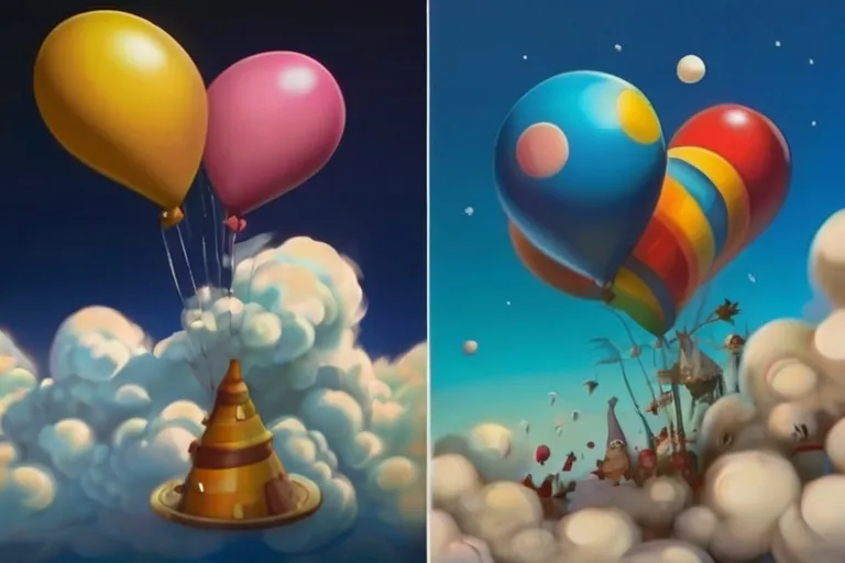 two pictures of balloons flying in the sky