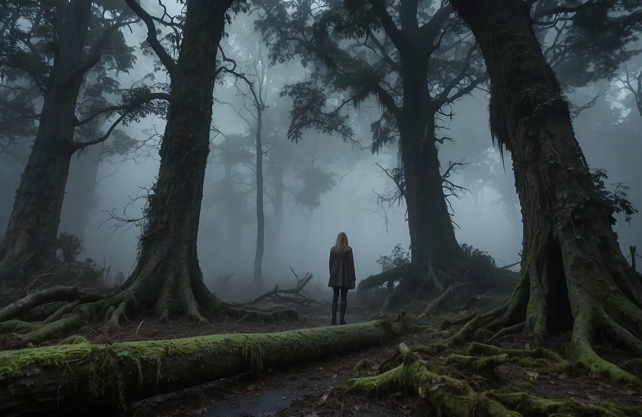 a person standing in the middle of a forest